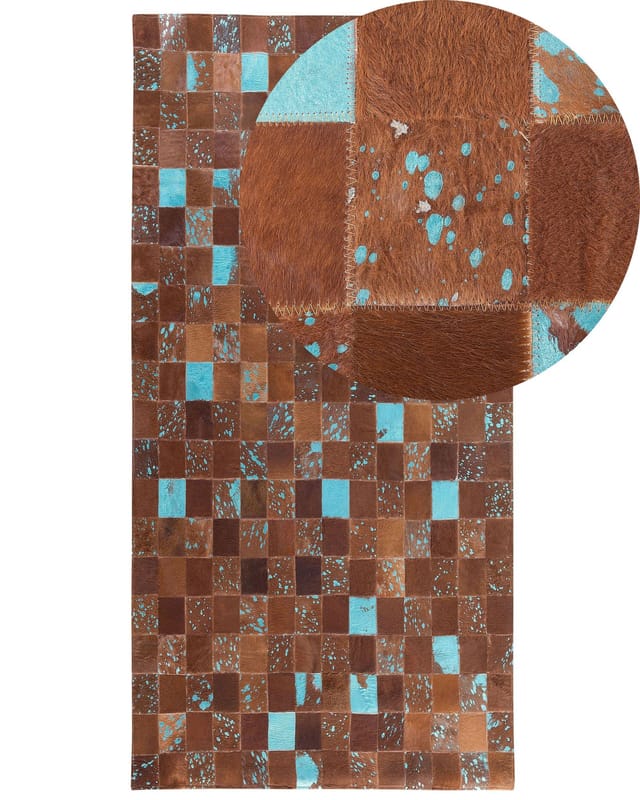 Beliani - Teppich Braun Mit Blau 80 X 150 Cm Aus Leder Patchwork Handgefertigt Rechteckig Modern
