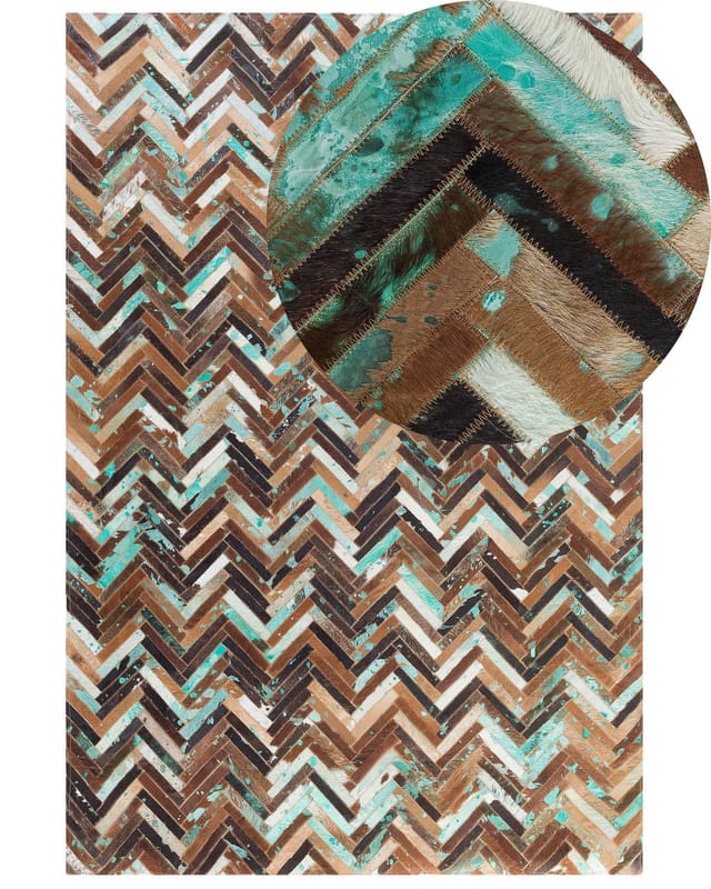 Beliani - Teppich Braun-beige-blau 140 X 200 Cm Aus Leder Mit Viel Ausdruckskraft Handgefertigt Rechteckig Zackenmuster Modern