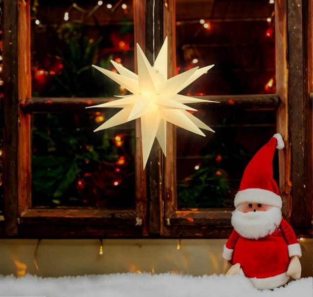 Spetebo - 3d Advents Stern Mit 15 Led In Warm Weiß - 35 Cm - Outdoor Weihnachten Fenster Hänge Deko Für Außen Mit Timer Batterie Betrieben