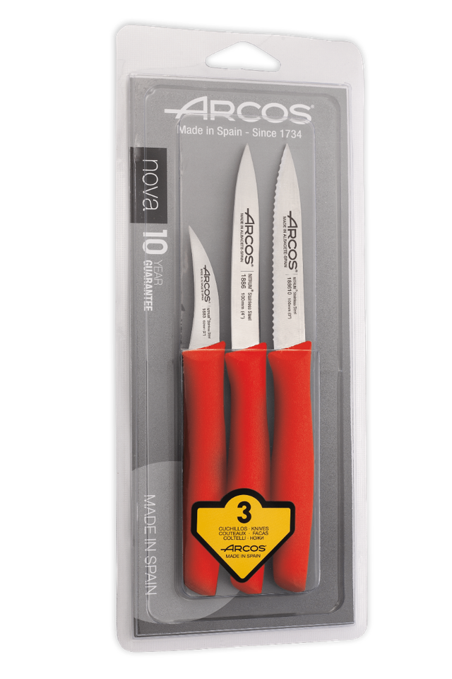 Messerset Mondadores Arcos Nova 189622 Edelstahl Nitrum Und Mango Rot Polypropylen 3 Stück In Blisterverpackung