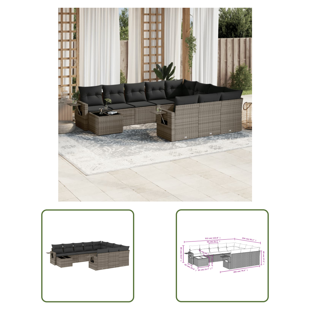 The Living Store 11-tlg. Garten-sofagarnitur Mit Kissen Grau Poly Rattan - Gartenmöbel - Pe-rattan Möbel - Outdoor Set - Lounge Set - Sofasatz
