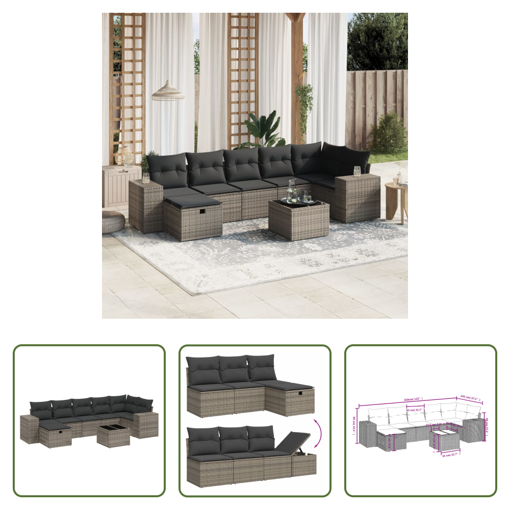 Vidaxl Rattan - 8-tlg. Garten-sofagarnitur Mit Kissen Grau Poly Rattan