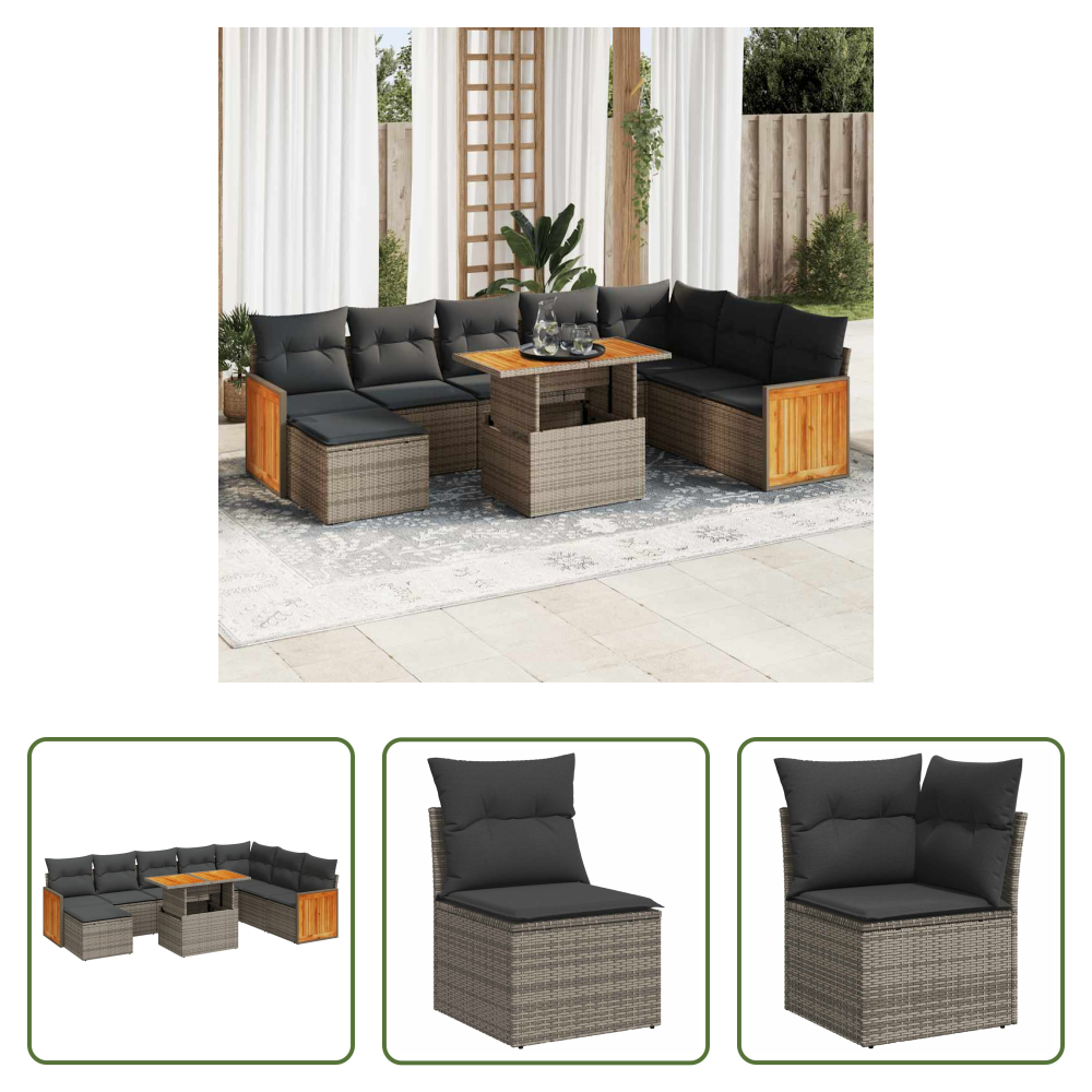 Vidaxl Rattan - 9-tlg. Garten-sofagarnitur Mit Kissen Grau Poly Rattan Akazie