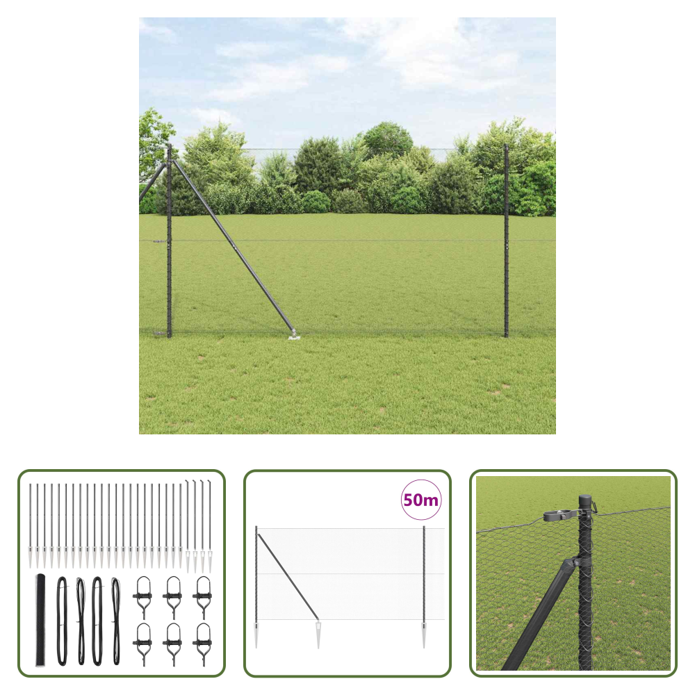 Außenzaun - Zaunpfosten Grau 50 X 1,5 M (13 Mm Maschen) Stahl Und Pvc