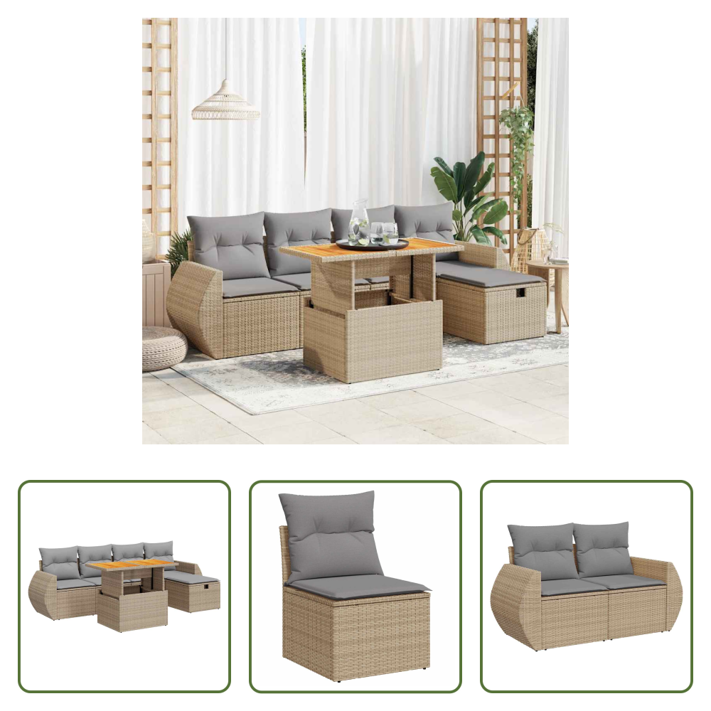 Vidaxl Rattan - 6-tlg. Garten-sofagarnitur Mit Kissen Beige Poly Rattan Akazie
