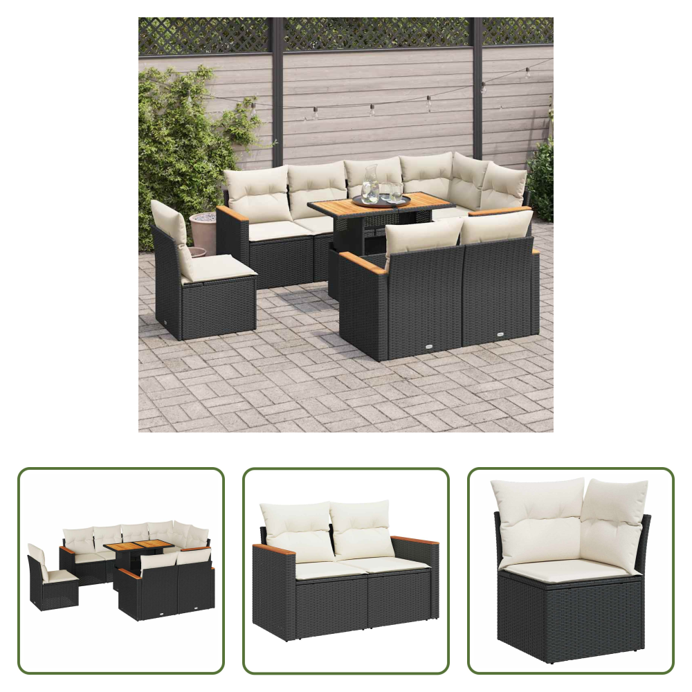 Vidaxl Rattanmöbel - 9-tlg. Garten-sofagarnitur Mit Kissen Schwarz Poly Rattan
