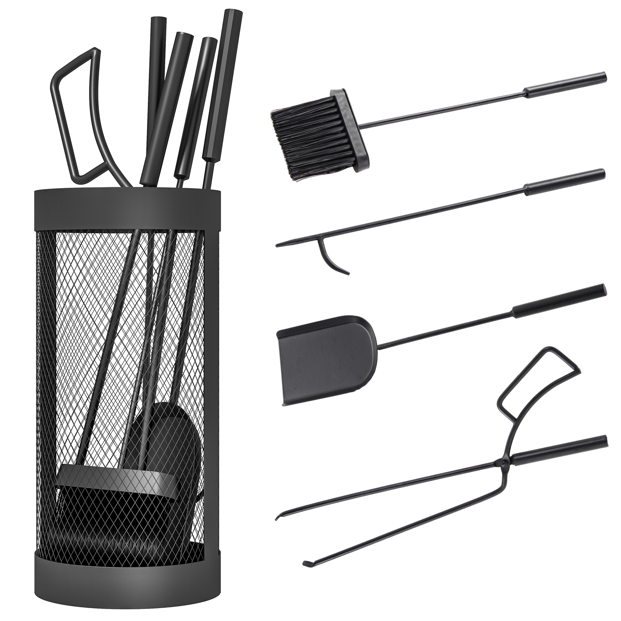 Outsunny Kaminbesteck Set 5-teilig Kaminzubehör Mit Besen, Schaufel, Zange, Schürhaken Und Korb, Kamingarnitur, Metall, Schwarz