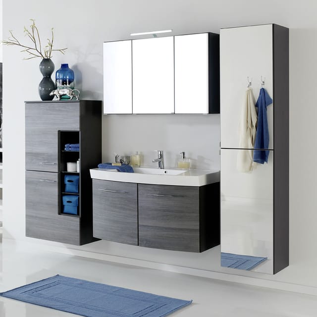 Badmöbel Set Florido-03 Eiche Rauchsilber, 100cm Waschtisch Mit 2 Türen, 65cm Midischrank, B X H X T: Ca. 235 X 200 X 47 Cm