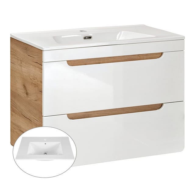 Lomadox - Badezimmerset In Hochglanz Weiß Mit Wotan Eiche Nb. Luton-56 Keramik-waschtisch Und Spiegelschrank B/h/t Ca. 131/195/46 Cm