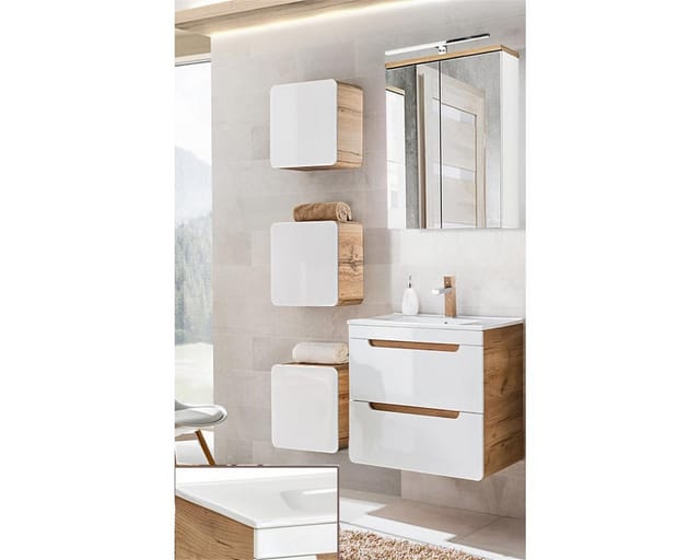 Lomadox - Badmöbel Set Hochglanz Weiß Mit Wotan Eiche Nb. Luton-56 Mit 61 Cm Waschtisch Und Led-spiegelschrank, B/h/t Ca. 110/200/46 Cm