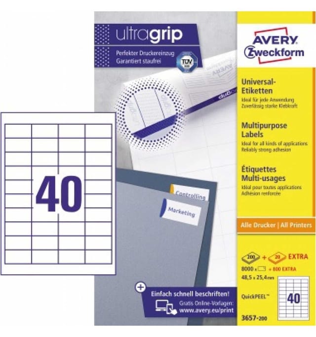 Avery Zweckform - Universaletikett Ultragrip 48,5 X 25,4 Mm (b X H) Nicht Wieder Ablösbar Papier Weiß 8.800 Etik./pack.