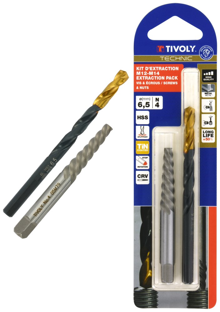 Tivoly - Duo-kit Bohrer Ø6,5mm + Ausdrehersatz Nr.4 - Entfernen Von Gebrochenen Schrauben Und Bolzen M12-m14