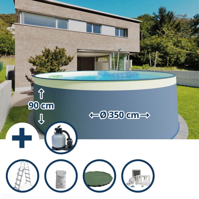 Planet Pool - Stahlwandpool Set (6-teilig) Rund 350x90 Cm, Stahl 0,3 Mm Anthrazit, Folie 0,2 Mm Sand, Overlap