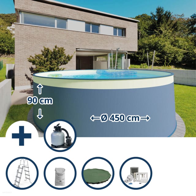 Stahlwandpool Set (6-teilig) Rund 450x90 Cm, Stahl 0,3 Mm Anthrazit, Folie 0,2 Mm Sand, Overlap