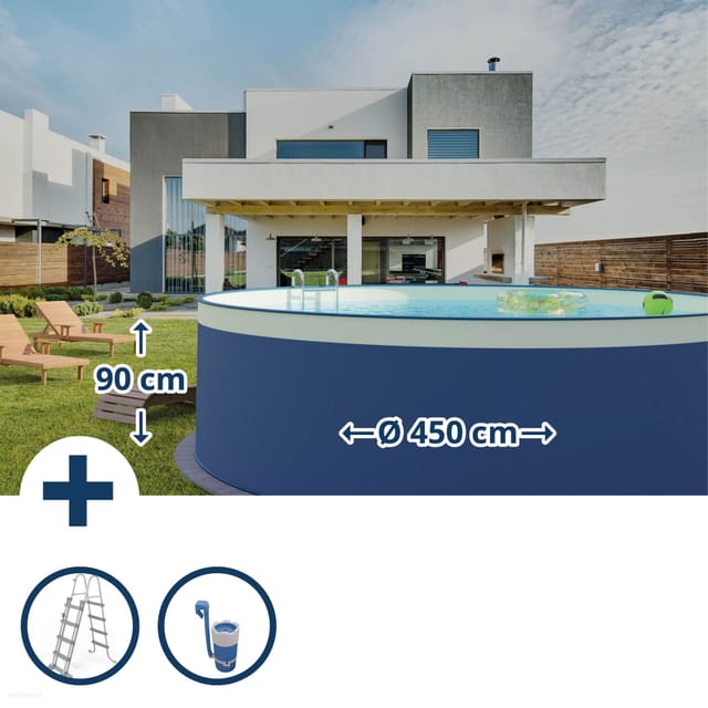 Planet Pool - Stahlwandpool Set (3-teilig) Rund 450x90 Cm, Stahl 0,3 Mm Anthrazit, Folie 0,2 Mm Sand, Overlap