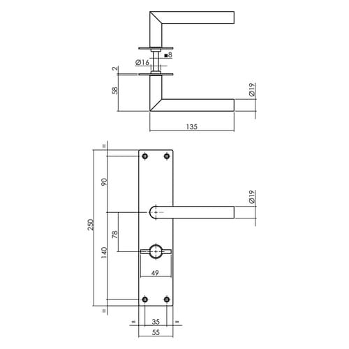 Intersteel - Türdrücker Jura Auf Schild 250x55x2 Mm Mit Bad/wc 78 Mm + 8 Mm Stift Edelstahl/schwarz Matt