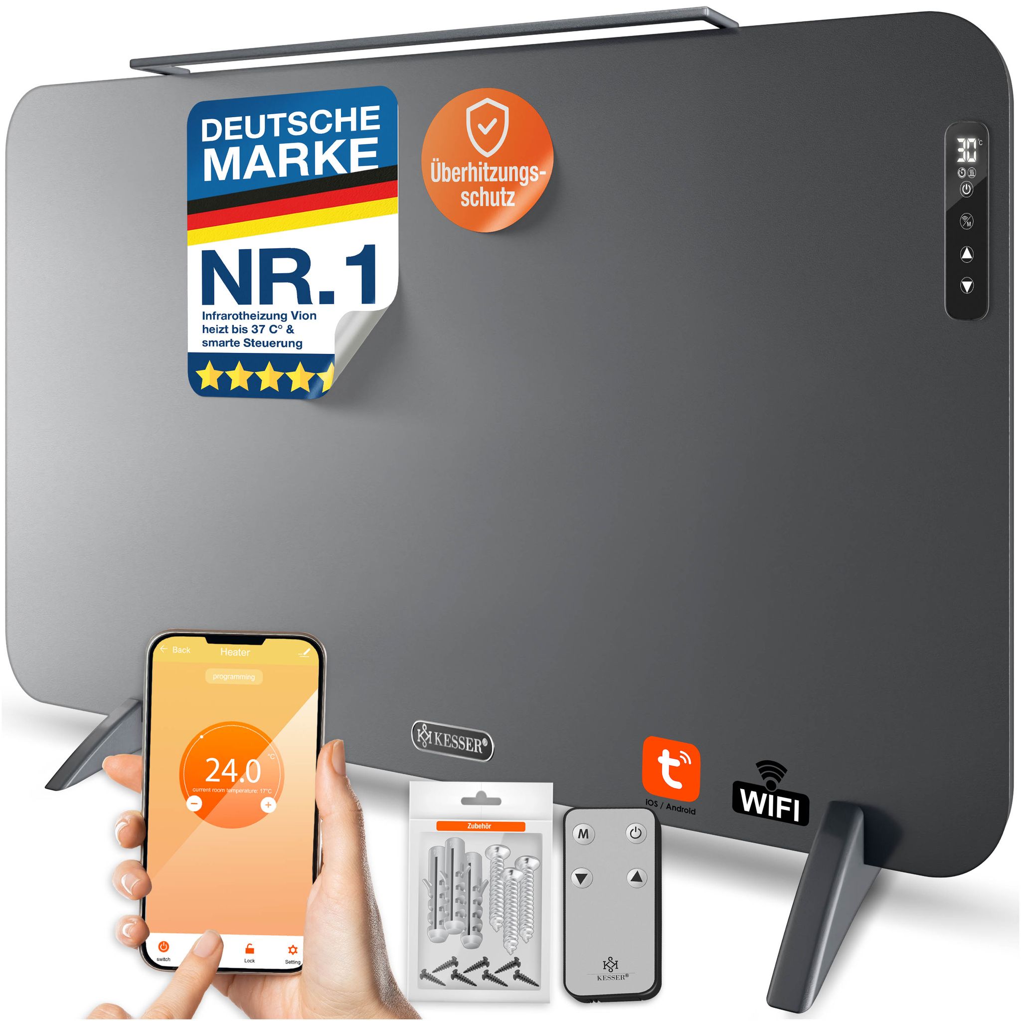 Kesser® Infrarotheizung Vion, Wlan, Mit Handtuchhalter - 450 W, Anthrazit