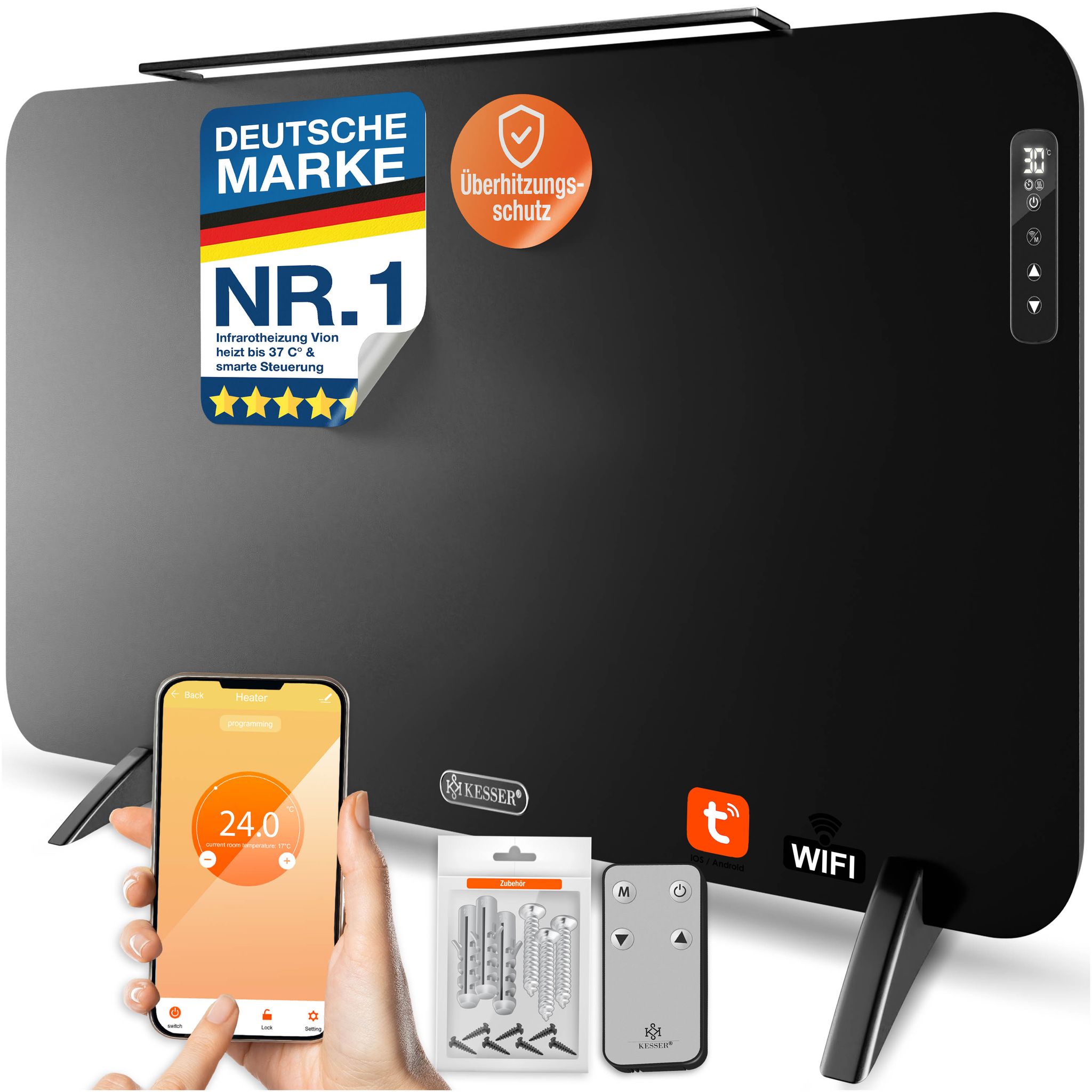 Kesser® Infrarotheizung Vion, Wlan, Mit Handtuchhalter - 450 W, Schwarz