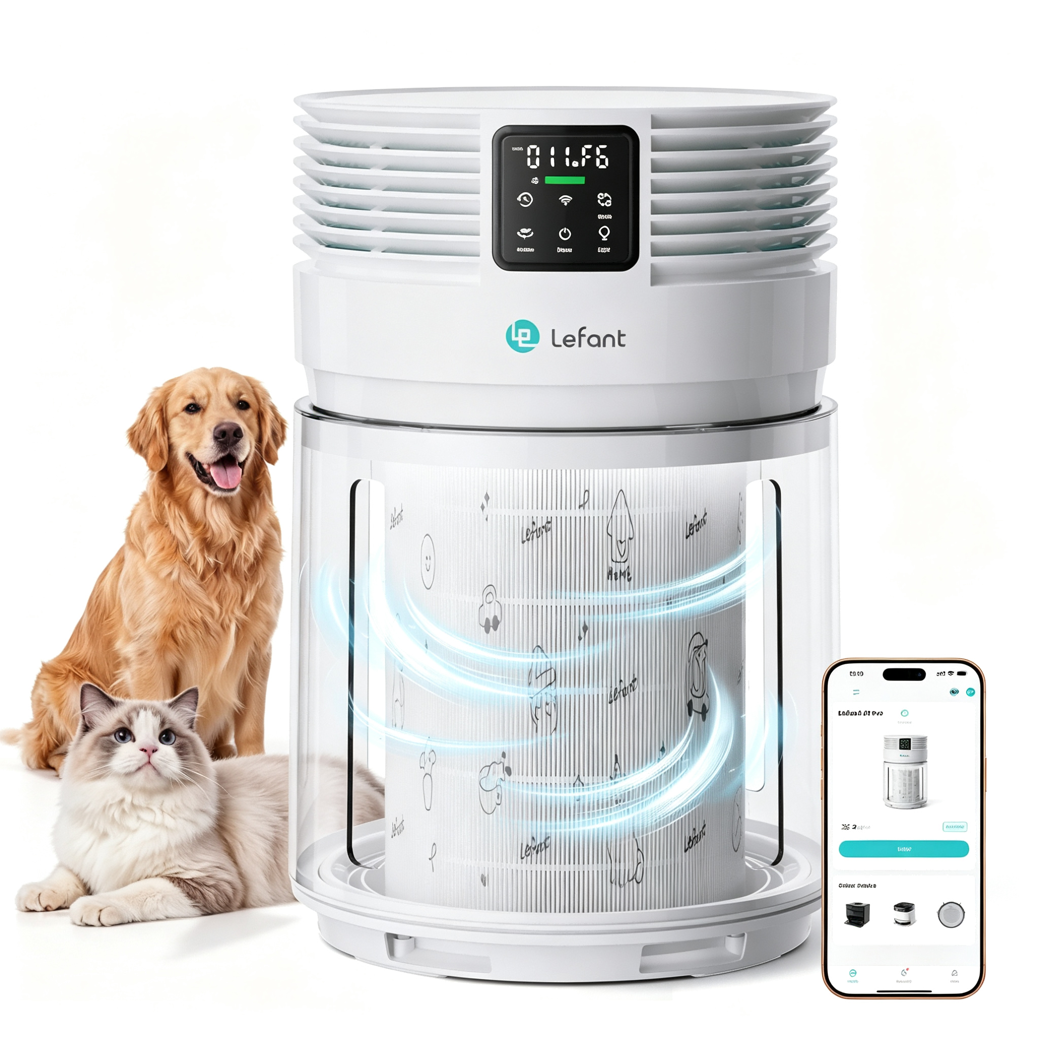 Lefant Luftreiniger Hepa H13, Cadr 350m³/h, Pm2.5 Sensor, Bis 108 M², Entfernt Bis Zu 99,97% Schadstoffe Wie Staub, Pollen Und Allergene, 360° Filtration & Luftqualitätsüberwachung, App/alexa