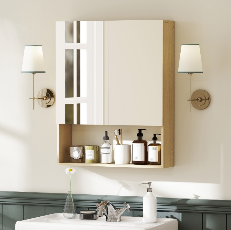Okwish Bad-hängeschrank Mit 2 Spiegeltüren Und Offenem Regal, 60 X 16,6 X 75 Cm, Eiche