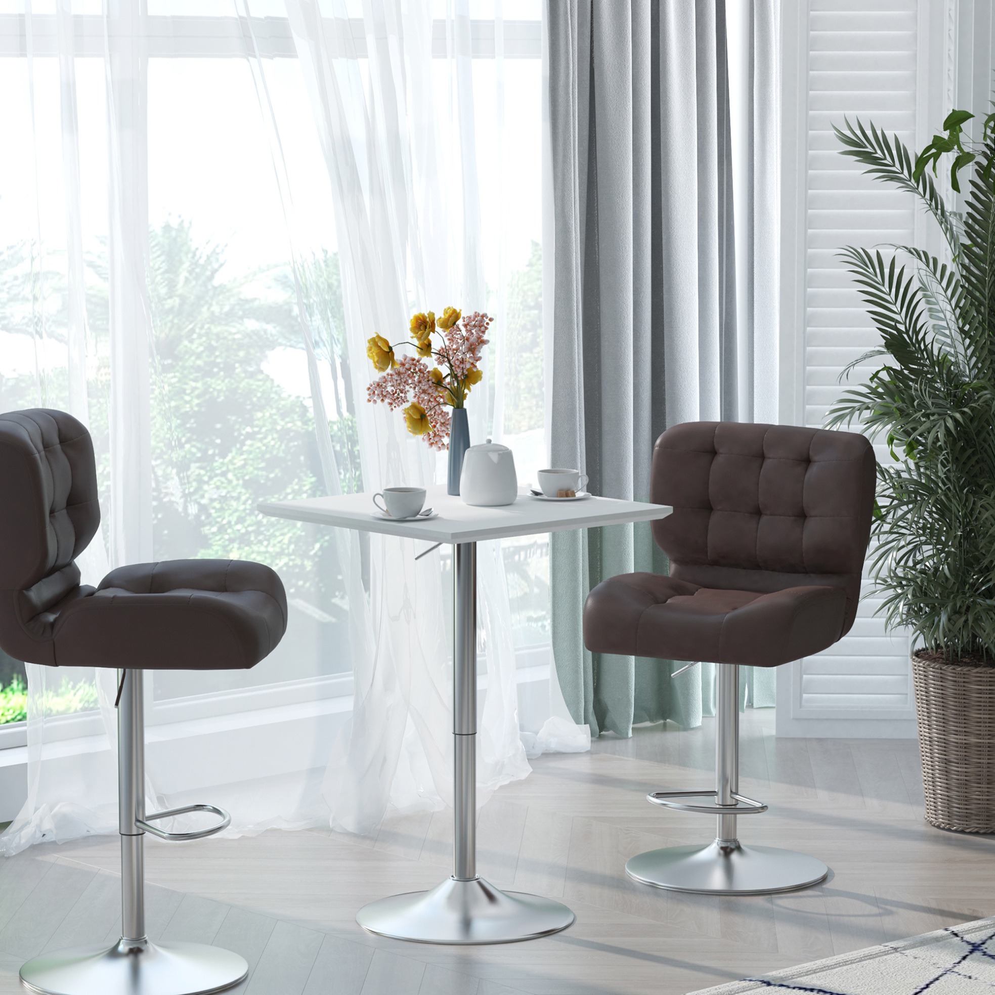 Okwish Höhenverstellbarer Quadratischer Bartisch 60 X 60 Cm Aus Mdf Und Weißem Stahl