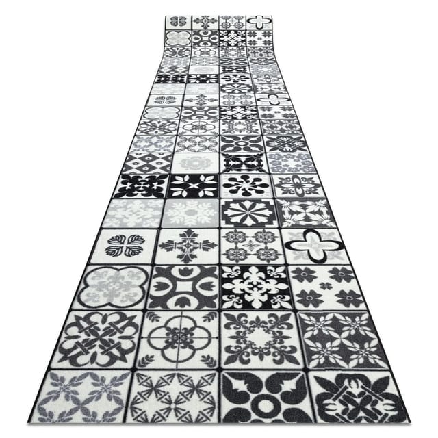 Läufer Antirutsch Azulejo Patchwork, Lissabonfliesen Grau / Schwarz Grey 57x440 Cm
