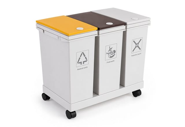 Relaxdays Mülleimer, 3 Fächer, 3x 12 L, Gestell Mit Rollen, Beutelhalter, Push Deckel, Kunststoff, Mülltrennsystem, Weiß