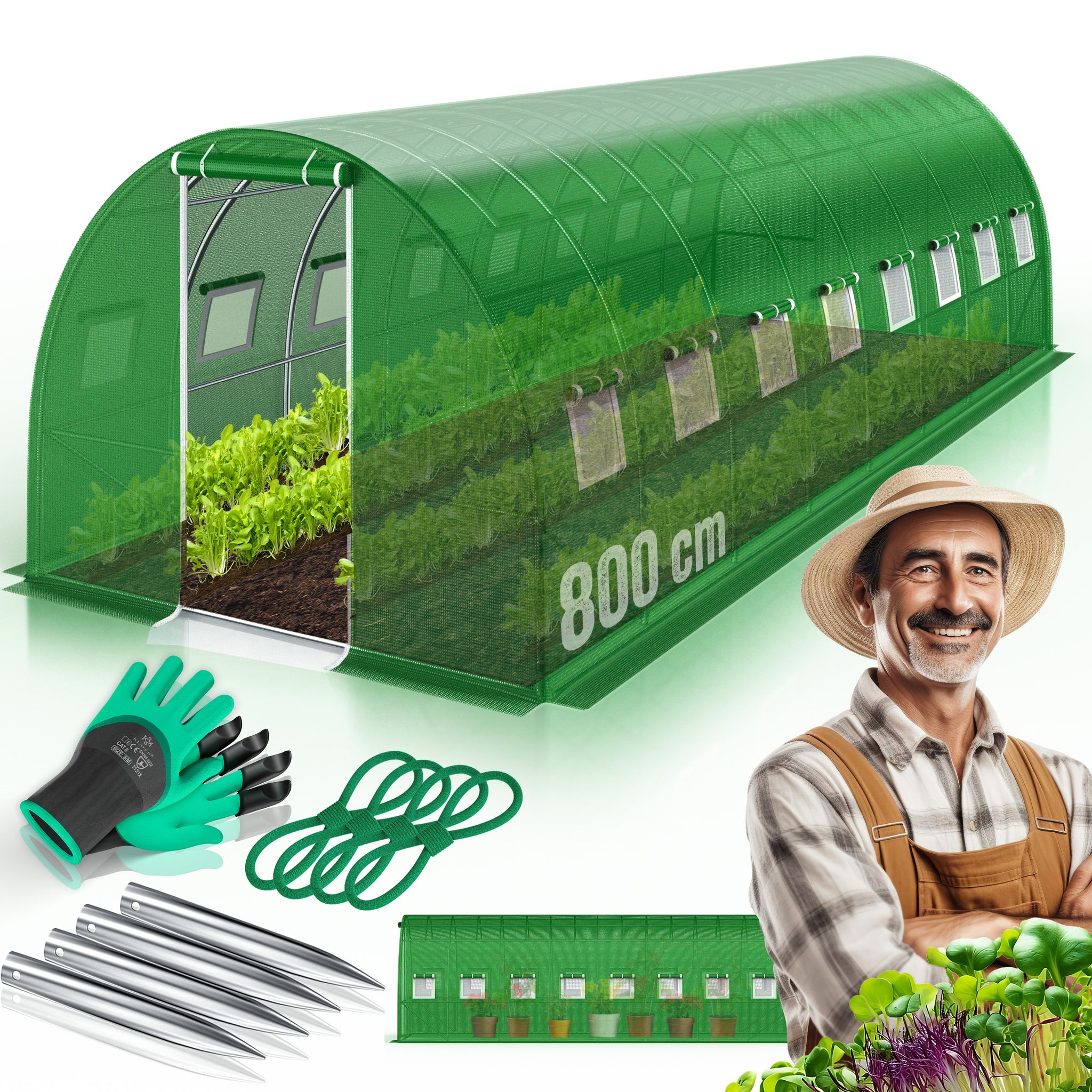 Folien-gewächshaus Stabil Mit Fenstern Mit Moskitonetz & Tür Gartentunnel Mit Rahmen Aus Verzinktem Stahl Folientunnel 170g/m² Inkl. Erdanker Handschuhen & Seilen Grün / 800 X 300cm - Kesser