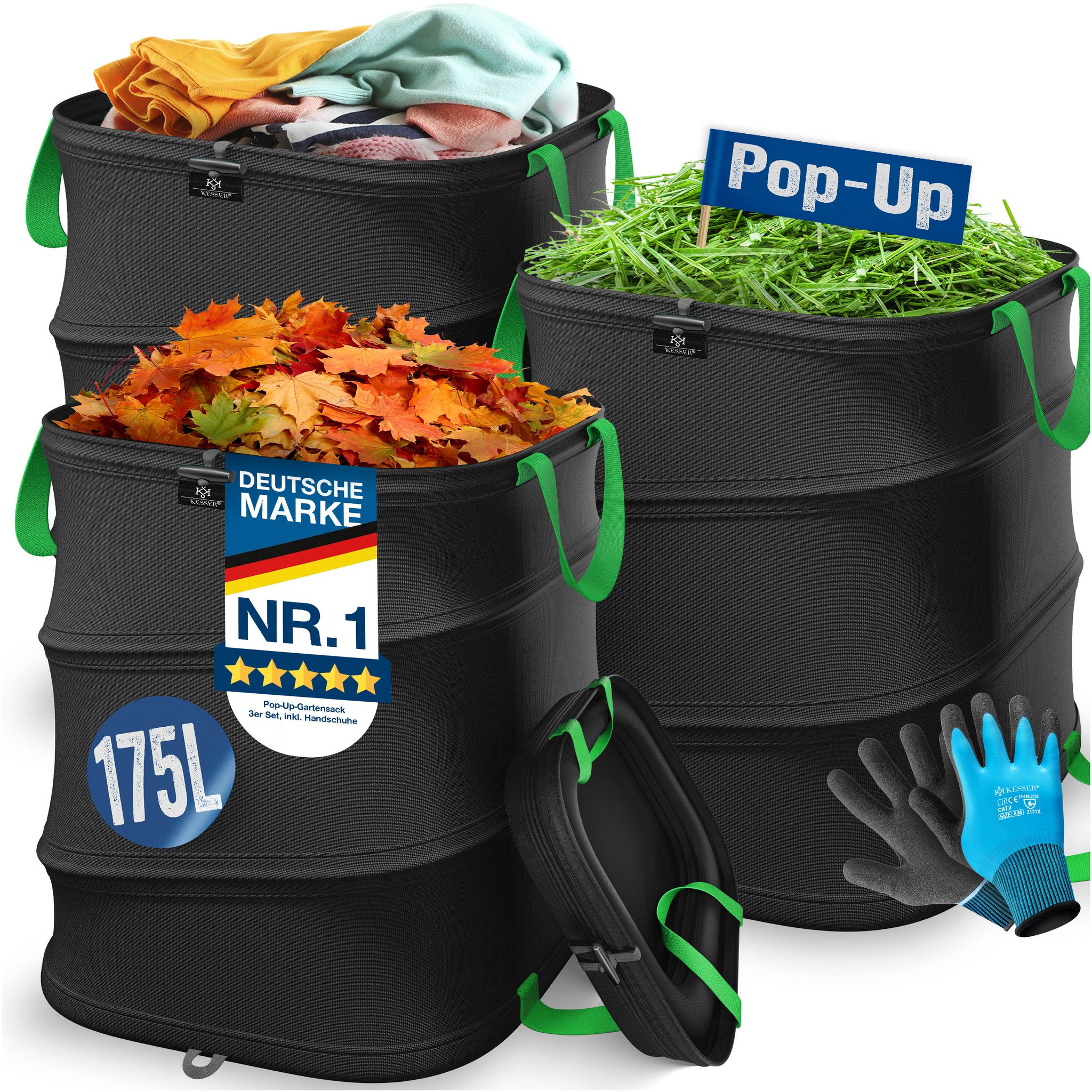 Kesser® Pop-up-gartensack, Selbststehend - 3x 175 L, Schwarz / Hellgrün