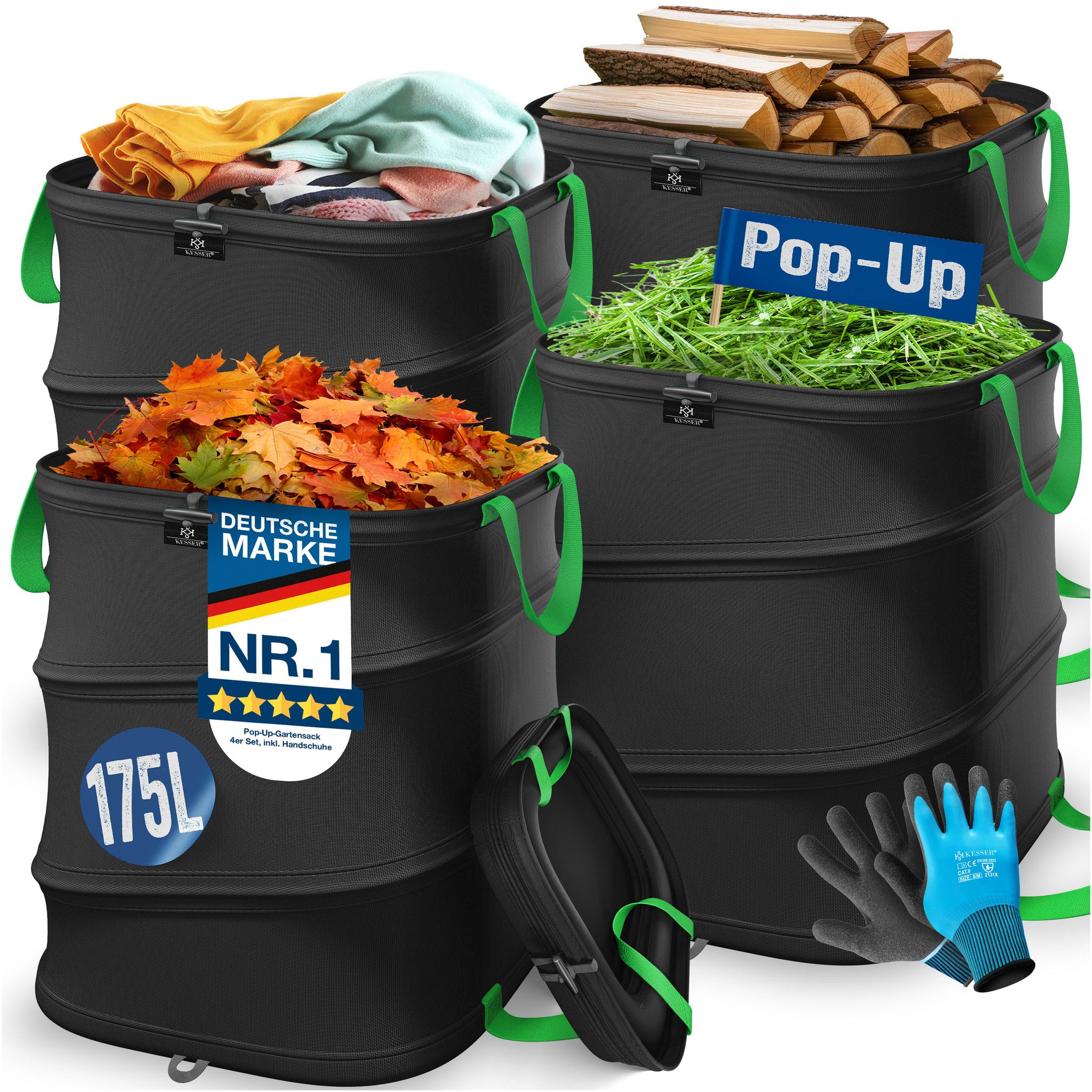 Kesser® Pop-up-gartensack, Selbststehend - 4x 175 L, Schwarz / Hellgrün