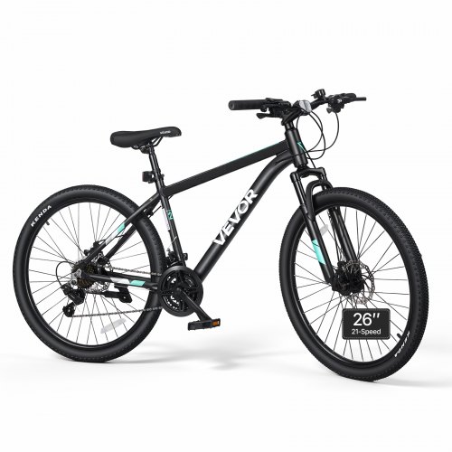 VEVOR Mountainbike für Damen Herren 26 Zoll Fahrrad 21-Gang Schwarz Outdoor Ideal für Erwachsene, Rahmen aus Aluminiumlegierung, mit Federgabel, 120 kg Tragkraft, Klingel, Reflektoren & Lampenhalterung