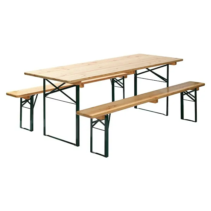 Feros Bierzeltgarnitur (220 x 78 x 70 cm, Stahl, Kiefer, Klappbar, Hellbraun/Schwarz, Mit Tisch 70 cm)