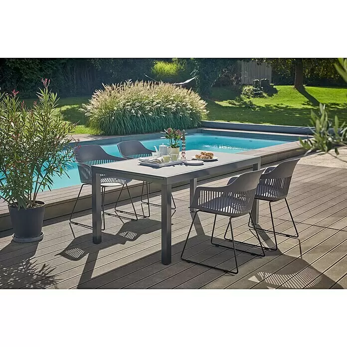 Sunfun Gartenmöbel-Set Maja/Annika (5 -tlg., Glas/Aluminium, Metall/Kunststoff, Tischplatte ausziehbar, Anthrazit/Black/Dark Grey)