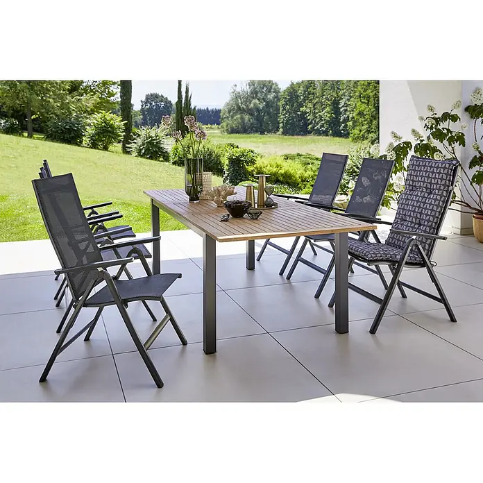Sunfun Gartenmöbel-Set Carina/Maja (7 -tlg., Akazie/Textilen/Metall, Klappbar, Naturbraun/Anthrazit)