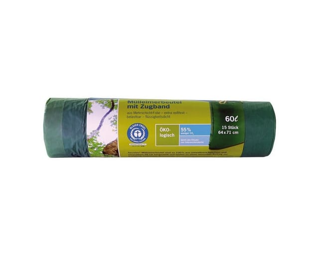 1x15 Secolan Mülleimerbeutel Mit Zugband 60 L Grün