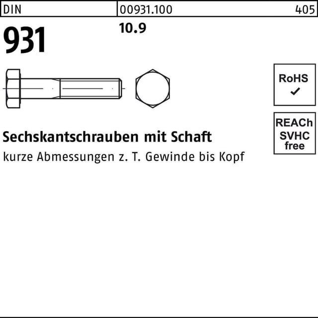 Din 931/iso 4014 Sechskant-schaftschraube M8x65 Stahl 10.9 Blank 200 Stk