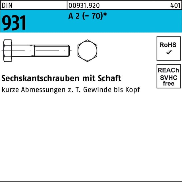 Din 931 Sechskant-schaftschraube M10x50 Edelstahl A2 70 Blank 100 Stk
