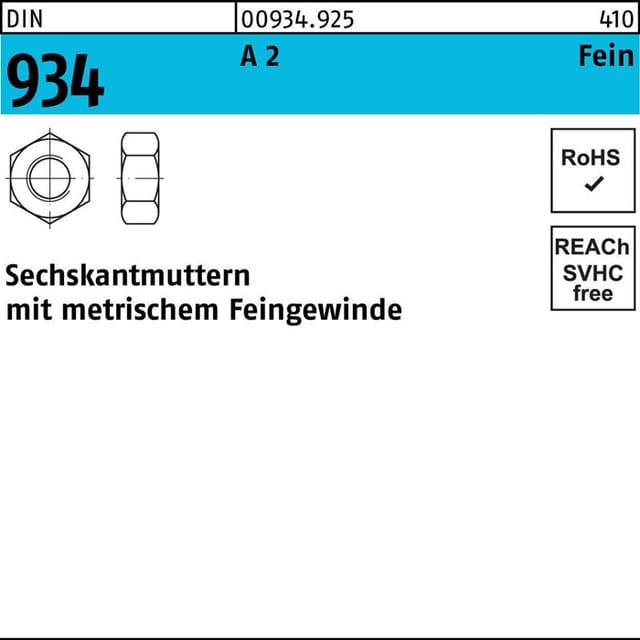 Sechskantmutter Din 934 M 16 X 1,5 A 2 (- 70)