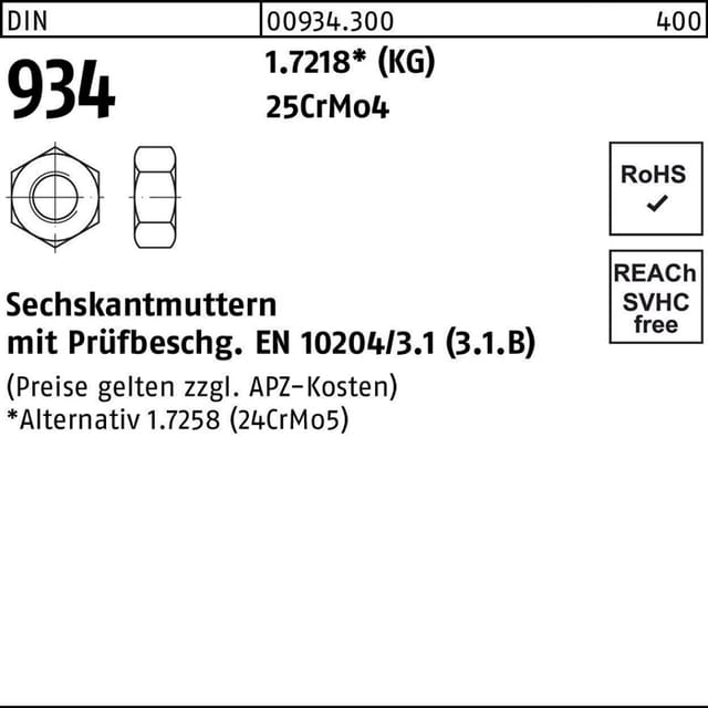 Sechskantmutter Din 934 M 12 25crmo4