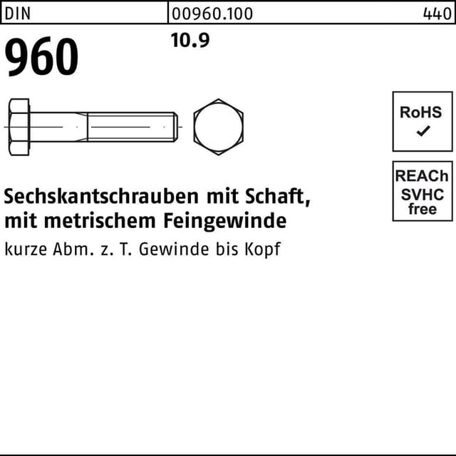 Din 960/iso 8765 Sechskant-schaftschraube Feingewinde M16x50 Stahl 10.9 Blank 25 Stk