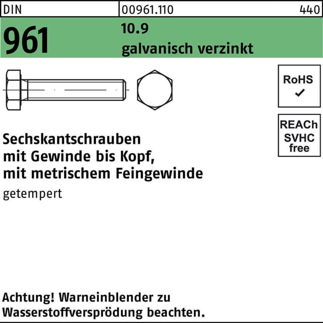 Din 961/iso 8676 Sechskantschraube Feingewinde Vg M16x80 Stahl 10.9 Galvanisch Verzinkt 25 Stk