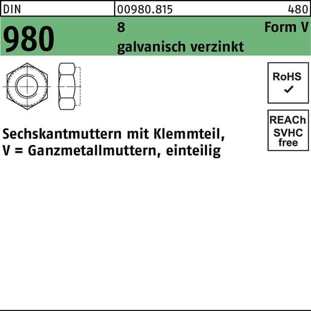 Selbstsichernde Sechskantmutter Din 980 M 6 X 1 Stahl Galvanisch Verzinkt 1000 Stk