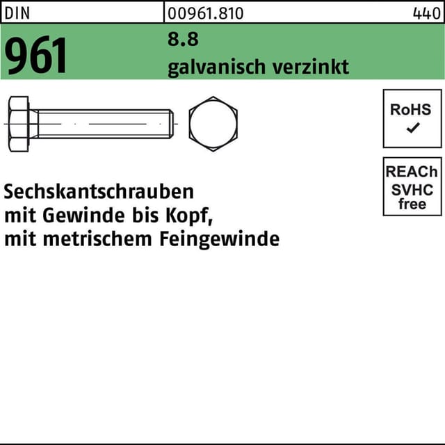 Din 961 Sechskantschraube Feingewinde Vg M14x60 Stahl 8.8 Galvanisch Verzinkt 50 Stk