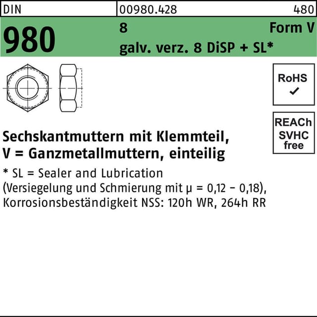 Sechskantmutter Din 980 M.klemmteil V M 20 8 Galvanisch Verzinkt 8 Disp