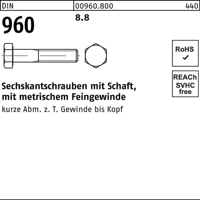 Din 960 Sechskant-schaftschraube Feingewinde M14x70 Stahl 8.8 Blank 50 Stk