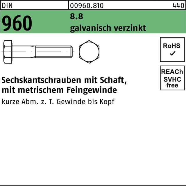 Din 960 Sechskant-schaftschraube Feingewinde M12x70 Stahl 8.8 Galvanisch Verzinkt 50 Stk
