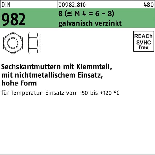 Din 6924, 982/iso 7040 Selbstsichernde Sechskantmutter M 20 X 2,5 Stahl Galvanisch Verzinkt 50 Stk