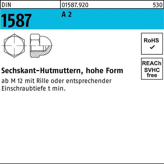Hutmutter Din 1587 M 4 X 0,7 Edelstahl A2 Blank 1000 Stk