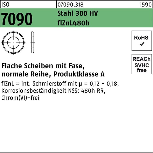 Iso 7090 Unterlegscheibe Stahl 10 (10,5 X 20 X 2 ) 300 Hv, Flznl/nc/x/x/480h/c Flzn 500 Stk