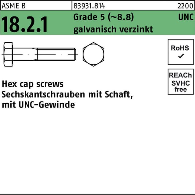 Sechskantschraube R 83931 M.unc-gewinde/schaft 1/4 X 1 1/2 Grade 5 (8.8) Galvanisch Verzinkt